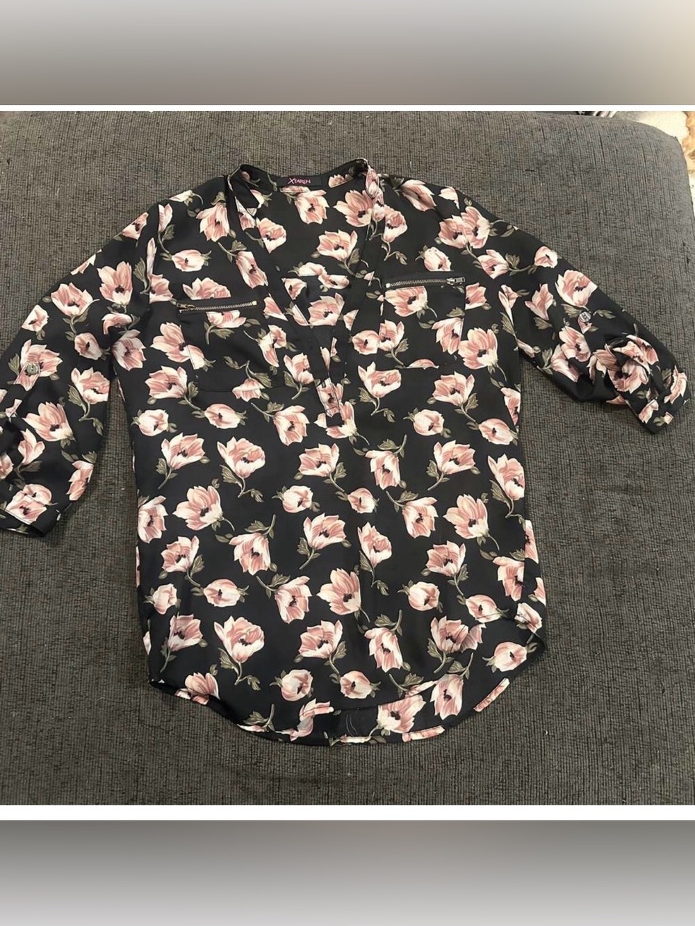 Xfaren Black Floral Blouse with Gold Zipper Pockets | Women’s Long Sleeve Top